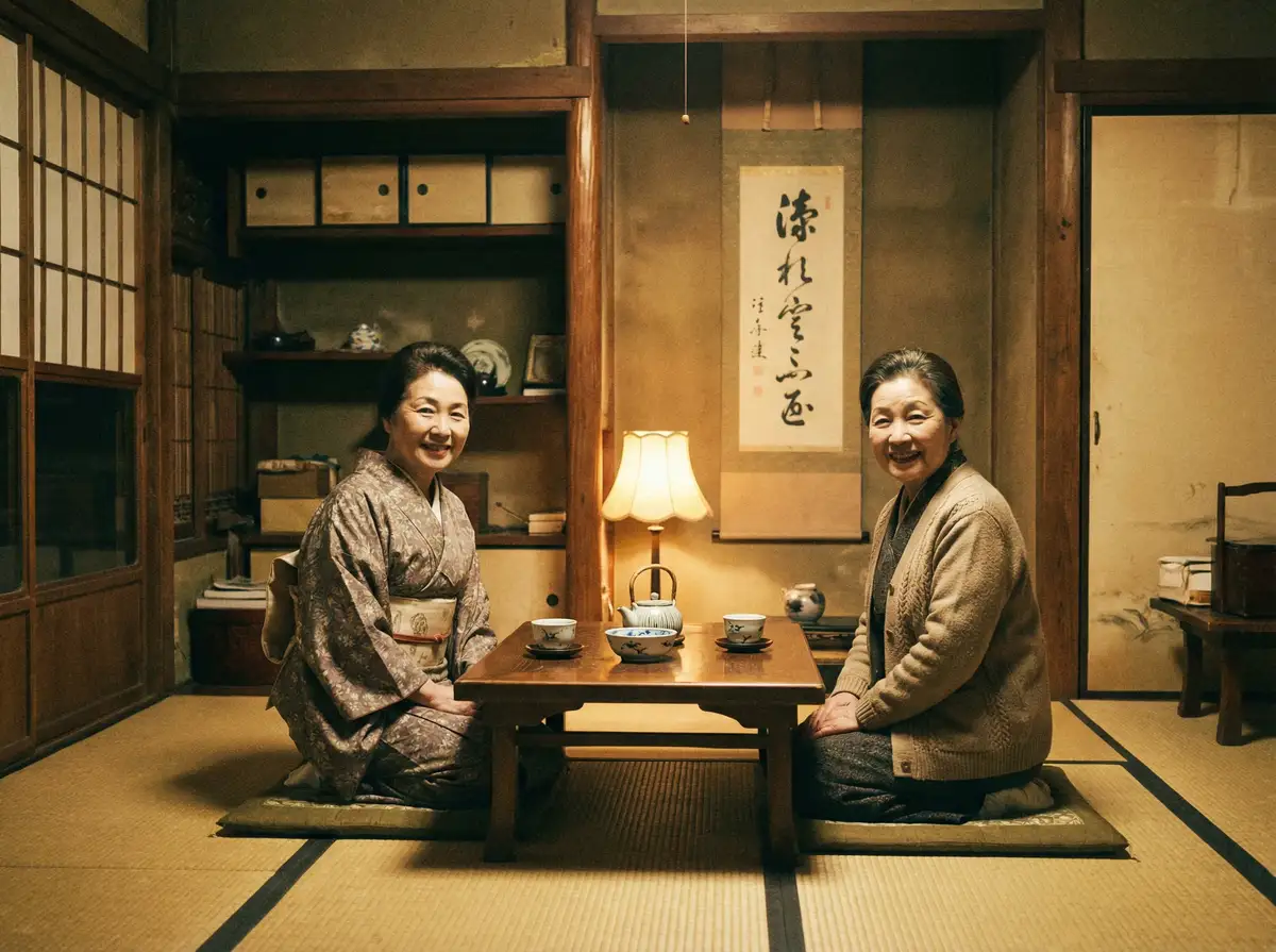 两位优雅的 韦德体育平台 在日式茶室中品茶交谈